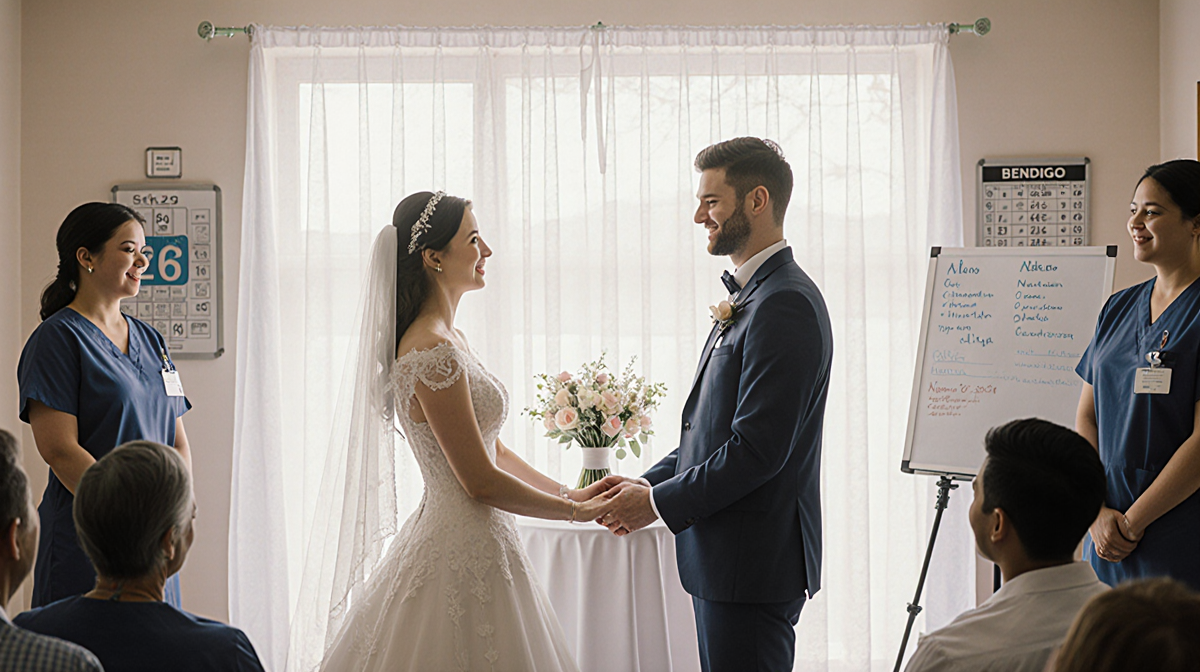 Bride Arlaine and groom Bendigo exchange vows with hospital staff and loved ones watching in an intimate wedding backdrop.