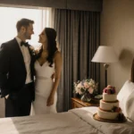 Couple standing beside hospital room with wedding cake on table and California view through window