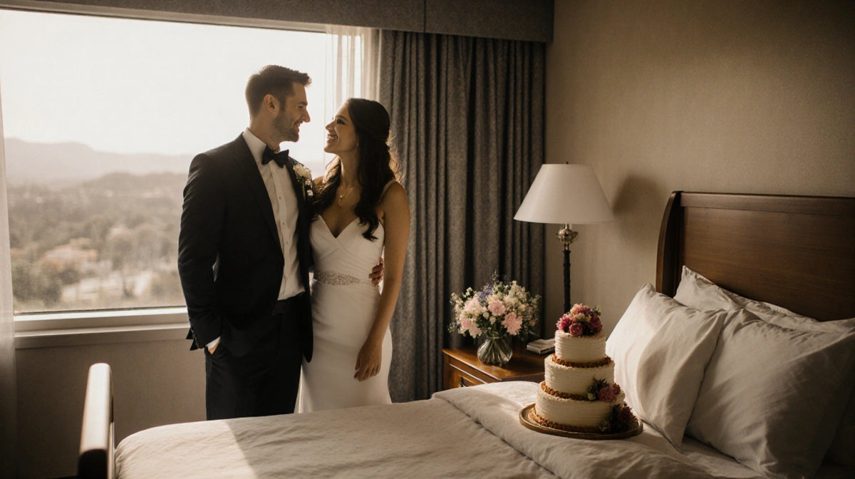 Couple standing beside hospital room with wedding cake on table and California view through window