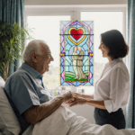 Elderly couple exchanging vows with handholds on a hospital bed in a hospital room near a glowing stained glass window of lov