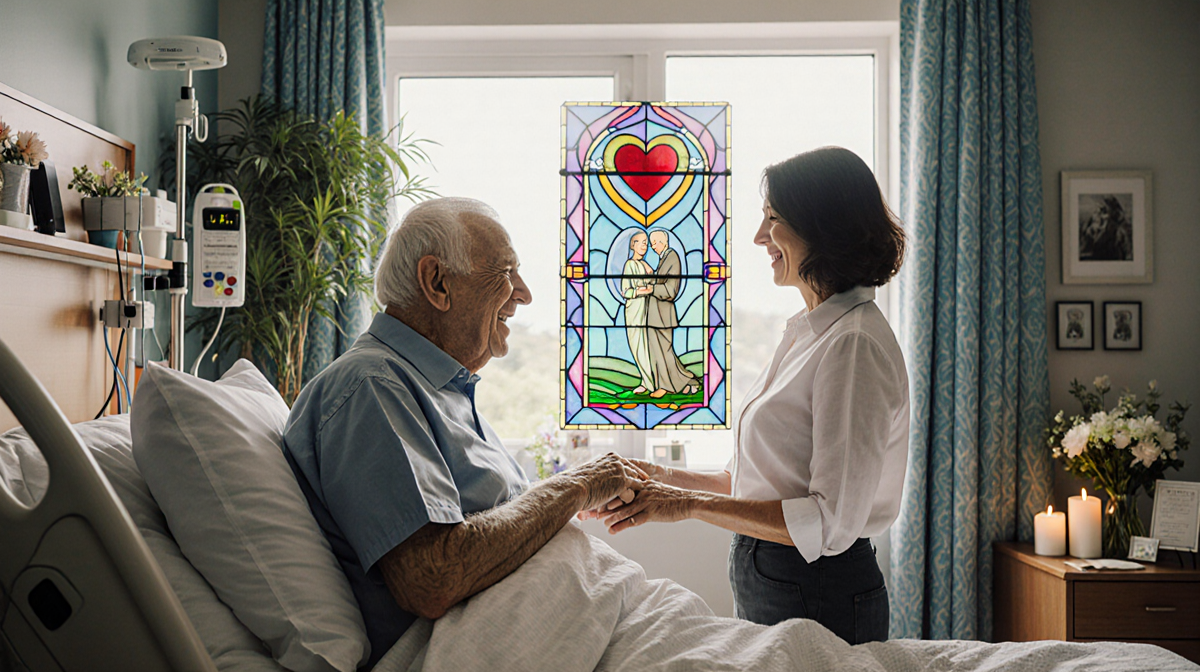 Elderly couple exchanging vows with handholds on a hospital bed in a hospital room near a glowing stained glass window of lov