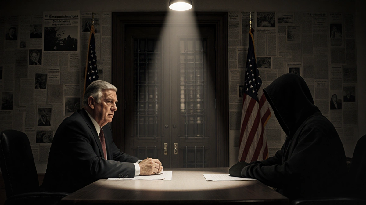 Hostage negotiator facing hooded figure across table with spotlight and barricaded doors showing tension