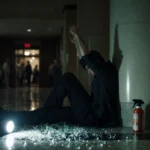 Person slumped against pillar with arms raised, surrounded by glass shards and a pepper spray canister under police flashligh