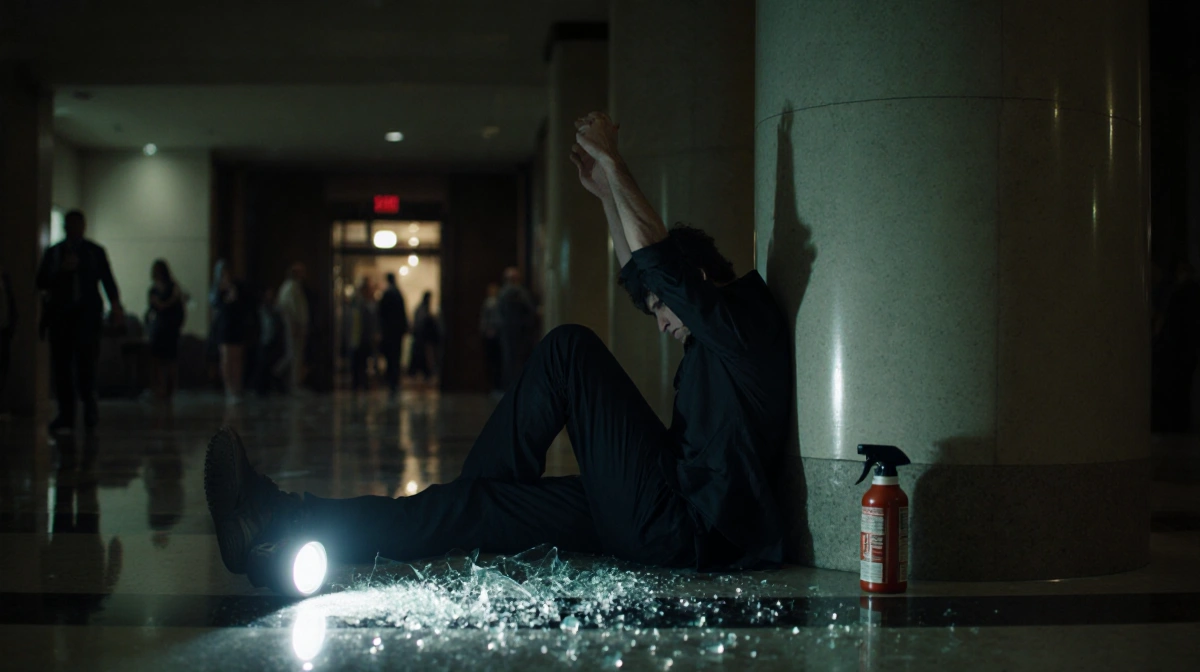 Person slumped against pillar with arms raised, surrounded by glass shards and a pepper spray canister under police flashligh