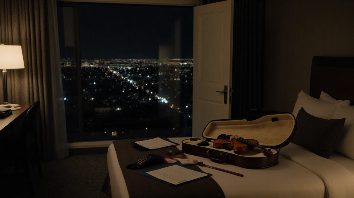 Hotel room showing an open door with a violin case and scattered office items near dim city lights.