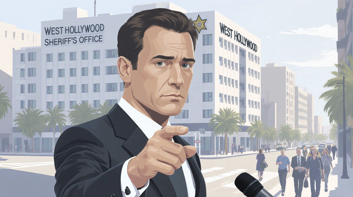 Hotel spokesperson holds microphone pointing to camera with West Hollywood skyline and blurred sidewalk in background