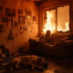Dog and owner lie motionless in fire-damaged living room with flames showing through broken windows