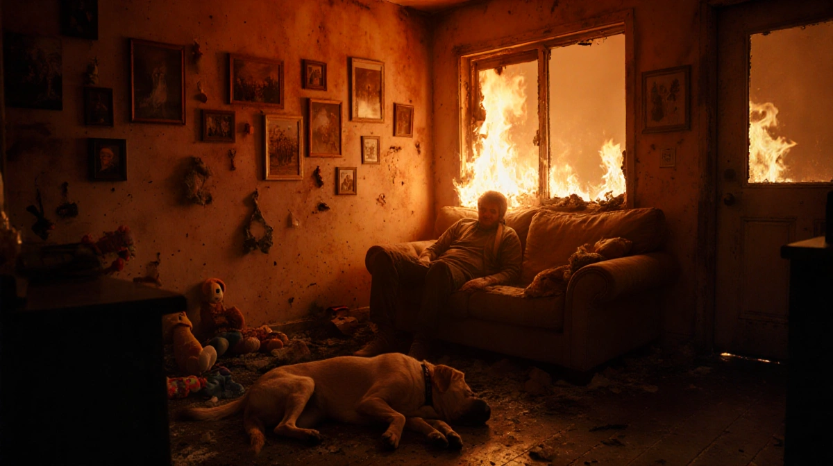 Dog and owner lie motionless in fire-damaged living room with flames showing through broken windows