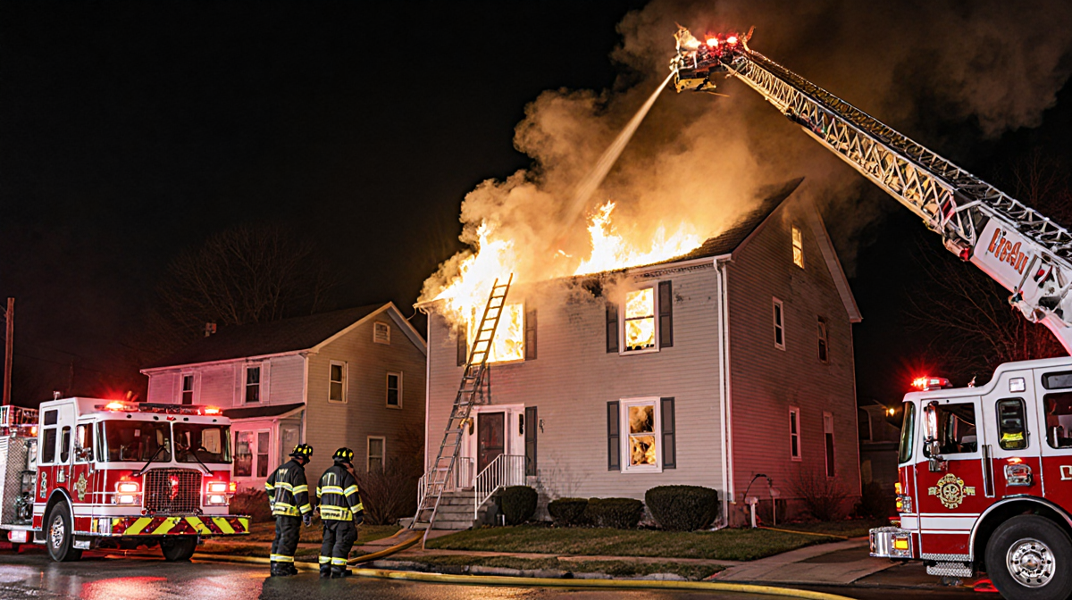 Firefighters battling flames with hoses and heavy smoke around the burning house.
