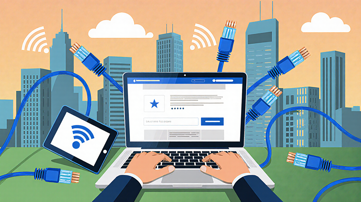 Person holding laptop with tablet and cables showing alternative internet and fiber optic near Houston skyline.