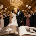 Kristy and Desmond Scott celebrating their 10-year wedding anniversary with confetti and champagne while an open photo album