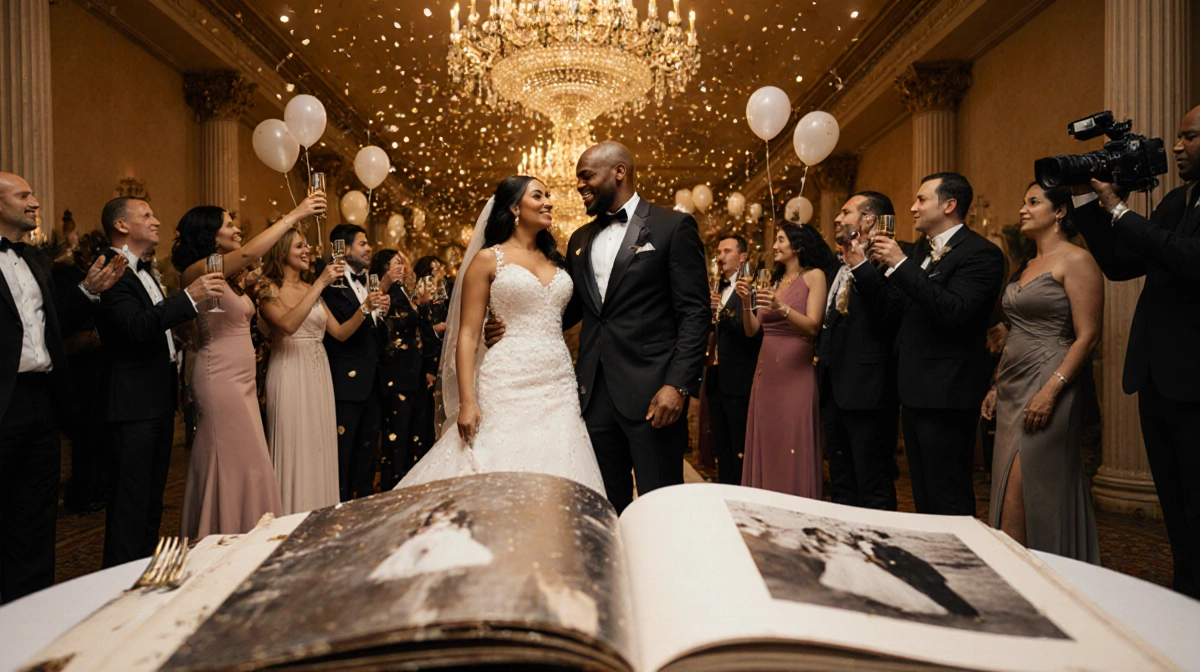 Kristy and Desmond Scott celebrating their 10-year wedding anniversary with confetti and champagne while an open photo album
