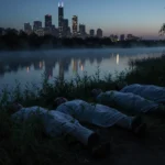 Three bodies lie on a misty bayou bank with vines covering them and the Houston skyline reflected in the water.