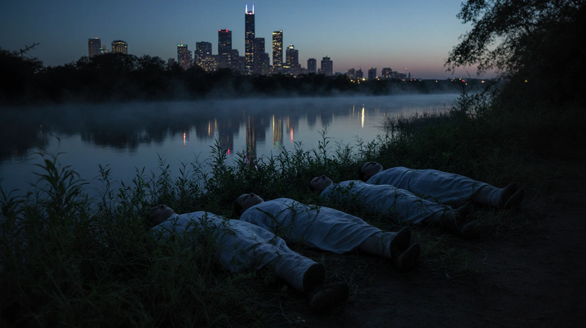 Three bodies lie on a misty bayou bank with vines covering them and the Houston skyline reflected in the water.