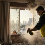 Bomb squad technician in protective gear carefully collects grenade from shattered suburban Houston window with stunned homeo