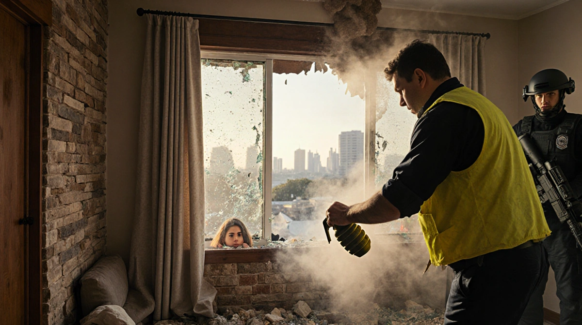Bomb squad technician in protective gear carefully collects grenade from shattered suburban Houston window with stunned homeo