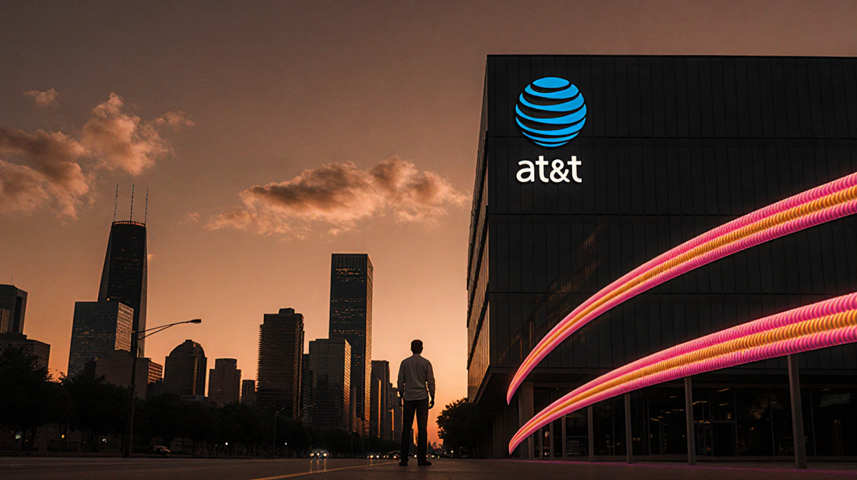 Person standing in front of sleek building with orange‑pink fiber‑optic cable and AT&T logo as dusk sky glows