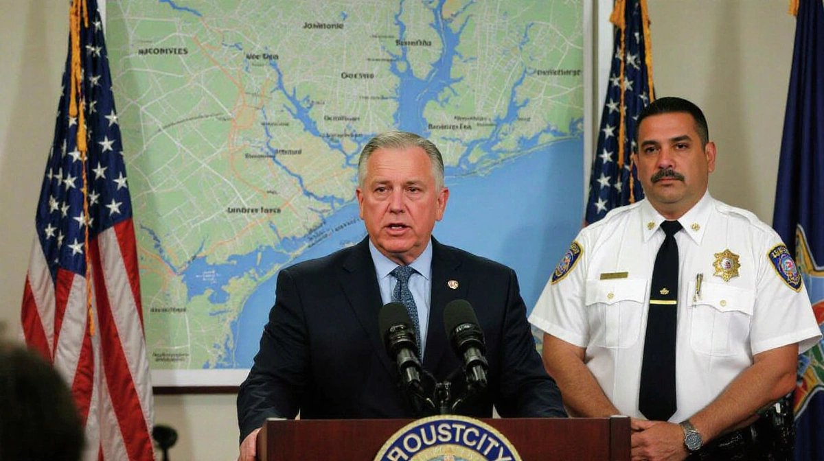Mayor John Whitmire and Police Chief Noe Diaz speak together at a podium with Houston flags and a bayou backdrop.