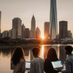 Diverse group standing looking up at AT&T Tower with skyline reflected in calm Bayou water and orange sunset glow.
