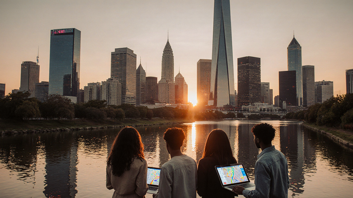Diverse group standing looking up at AT&T Tower with skyline reflected in calm Bayou water and orange sunset glow.
