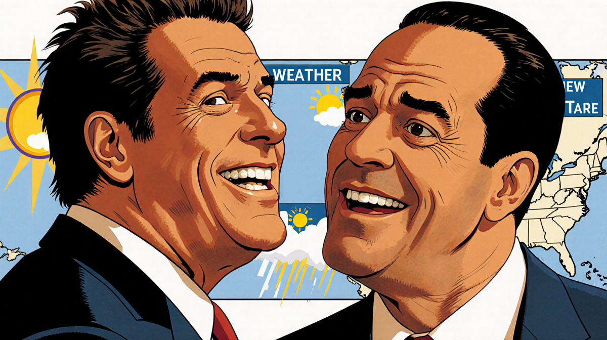 Howard Stern leans toward Al Roker teasing him with a playful grin and weather map background