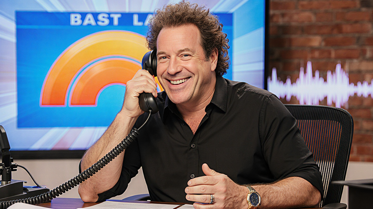Howard Stern smiling holding a phone to the receiver in a radio studio with the Today show logo and a news bulletin