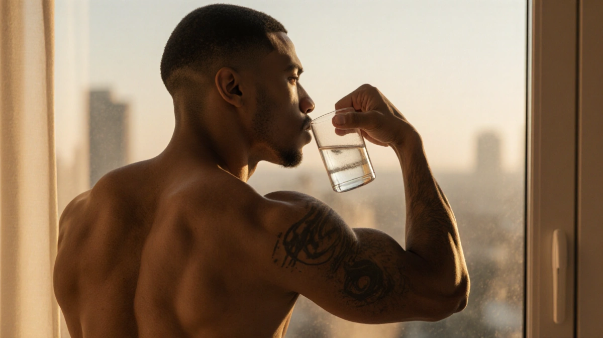 Hudson flexes his toned bicep while holding a glass of water with natural stretch marks visible and golden light behind