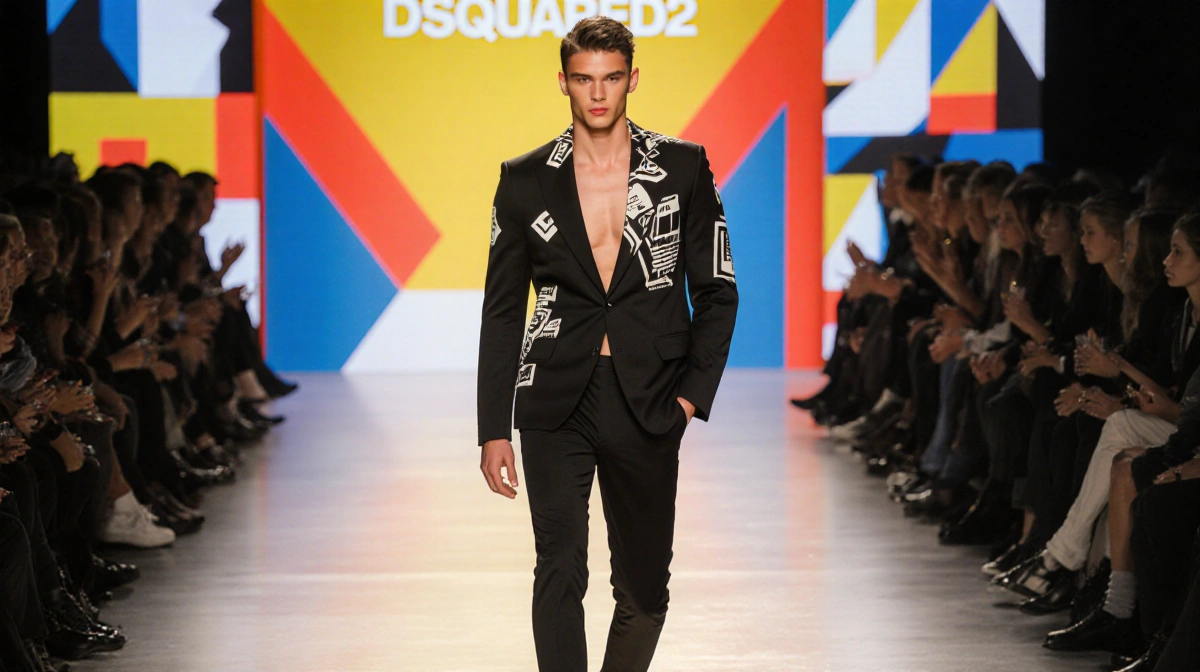 Hudson Williams walking the DSquared2 runway with bold geometric backdrop and fitted black ensemble