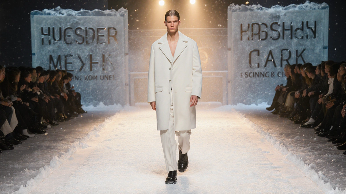 Hudson Williams walking winter runway with golden lighting and ice-rink boards