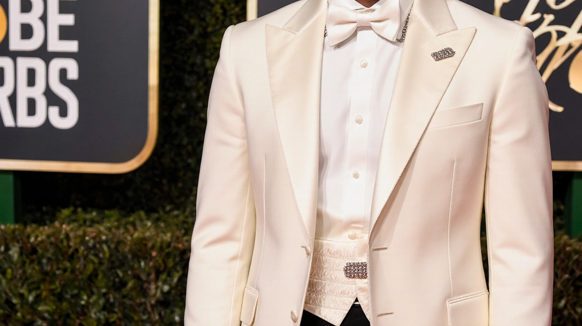 Hudson Williams poses on red carpet with white Armani dinner jacket and sparkling Bulgari necklace