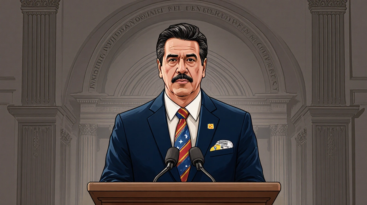 Hugo Maduro standing at a podium with a Venezuelan assembly backdrop and a worn leather belt hinting his bus driver past