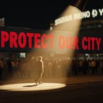 Person walking away from stadium at night with spotlight and red Protect Our City poster showing human trafficking awareness