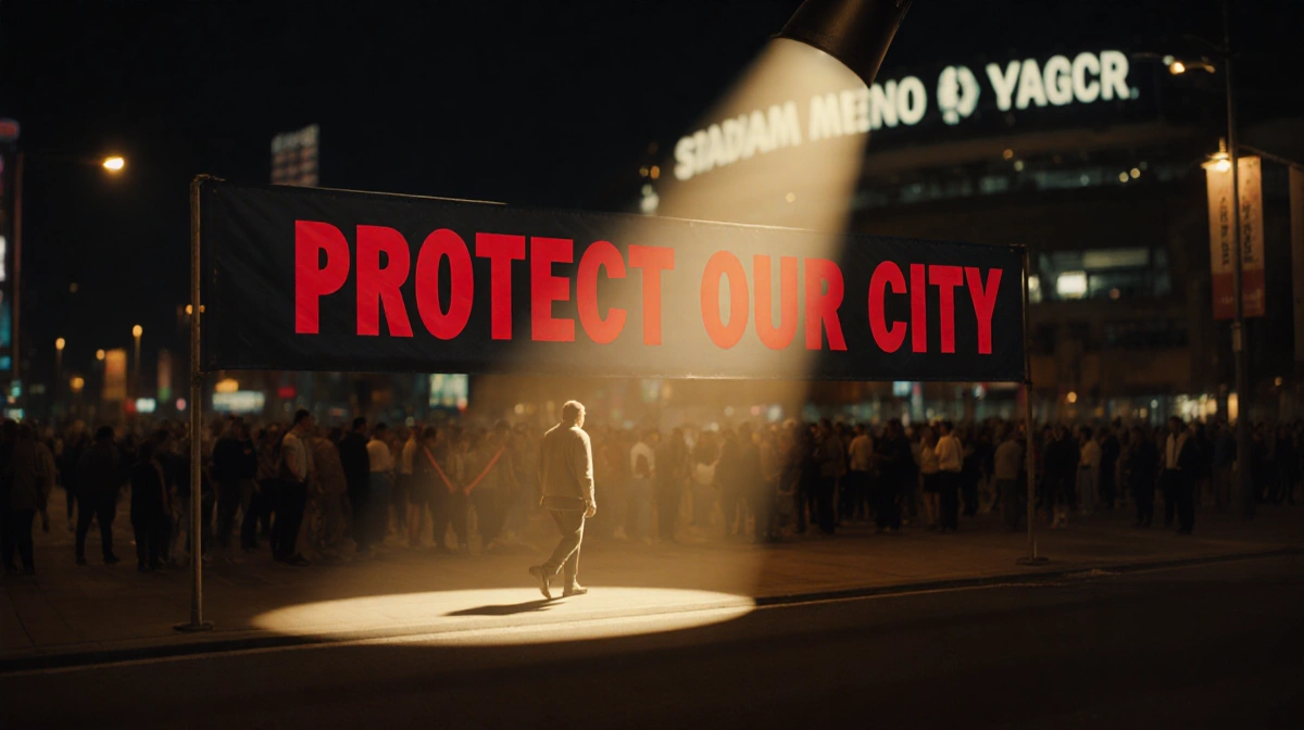 Person walking away from stadium at night with spotlight and red Protect Our City poster showing human trafficking awareness