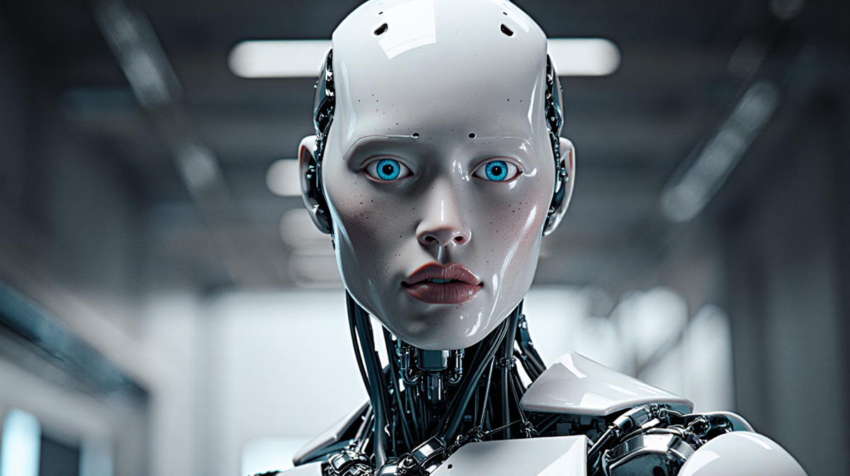Robot with a slightly imperfect human face shows lips slightly out of sync with expression and eyes staring directly at viewe