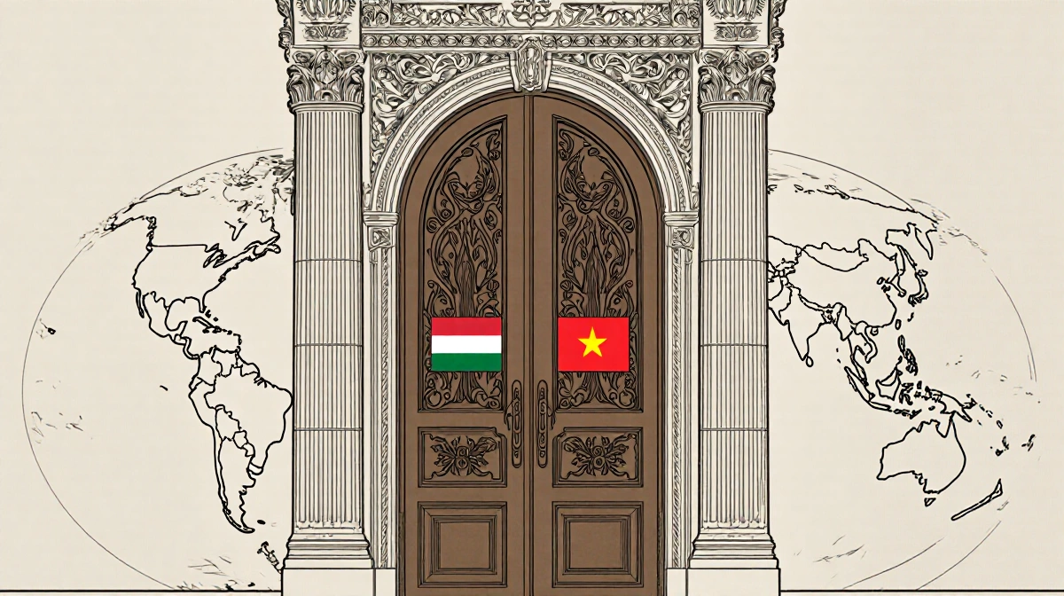 Ornate diplomatic door opens with Hungary and Vietnam flags showing Middle East peace cooperation