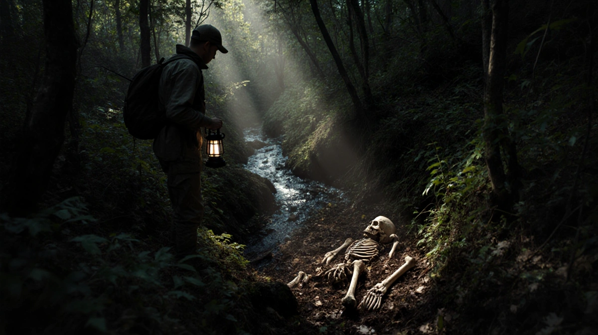 Hunter peers down at human bones scattered on forest floor with lantern casting shadows through trees