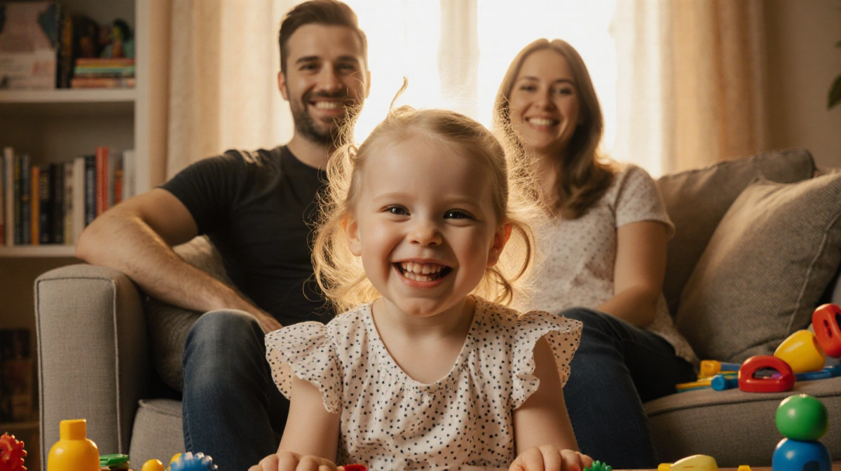 Hunter Stafford sits playfully on couch with bright smile and toys while Matthew and Kelly share loving smiles behind her