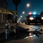 Police car idles near crime scene tape with abandoned sneakers and broken bottle on wet pavement