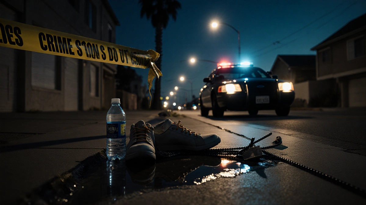 Police car idles near crime scene tape with abandoned sneakers and broken bottle on wet pavement