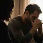 Man sitting on couch with head in hands showing grief and remorse with therapist nearby and warm light through window
