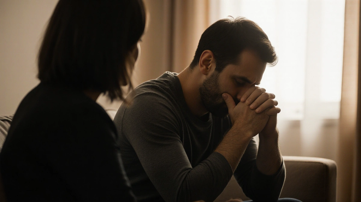 Man sitting on couch with head in hands showing grief and remorse with therapist nearby and warm light through window