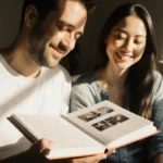 Husband holding recovery journal with pride while wife sits beside him showing her transformation journey