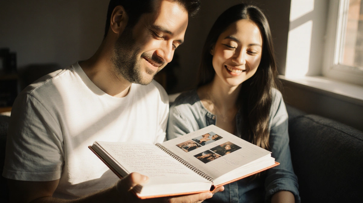 Husband holding recovery journal with pride while wife sits beside him showing her transformation journey