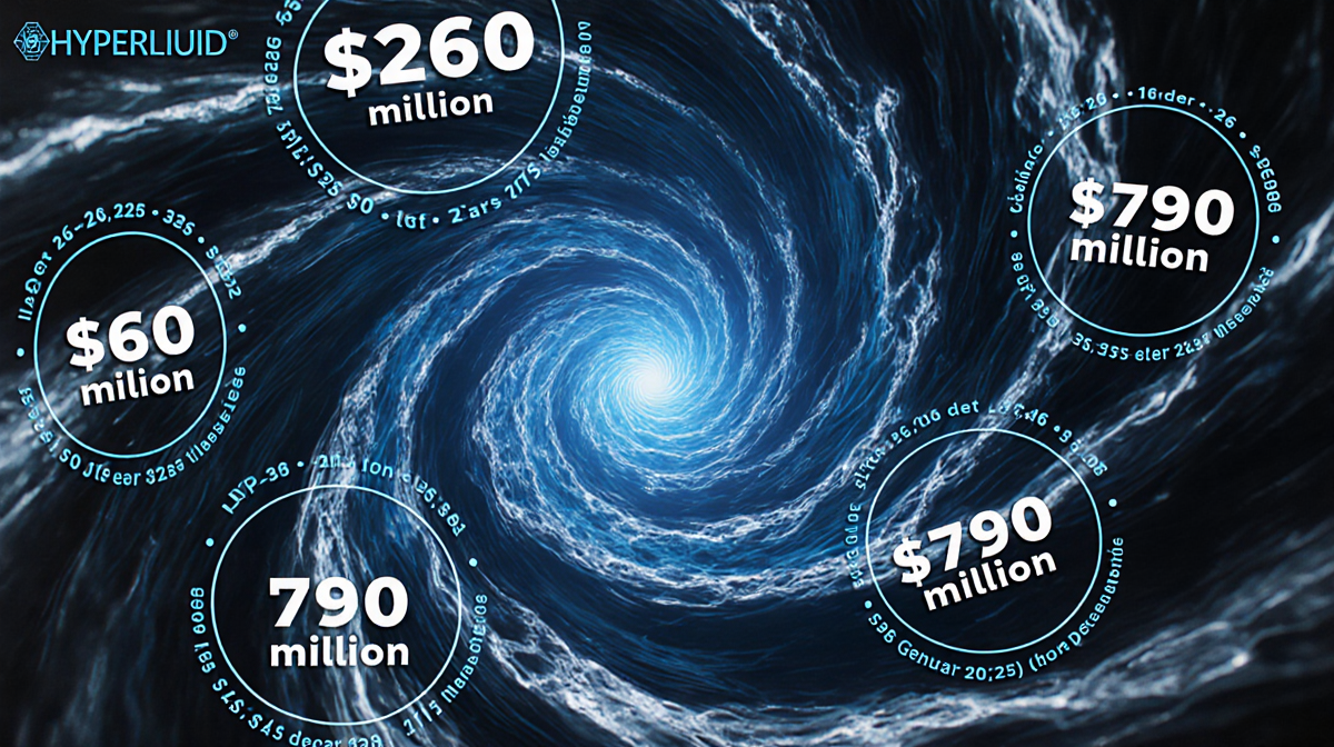 Swirling liquid vortex radiates bright blue glow with concentric dollar circles and dates and rippling surface showing energy