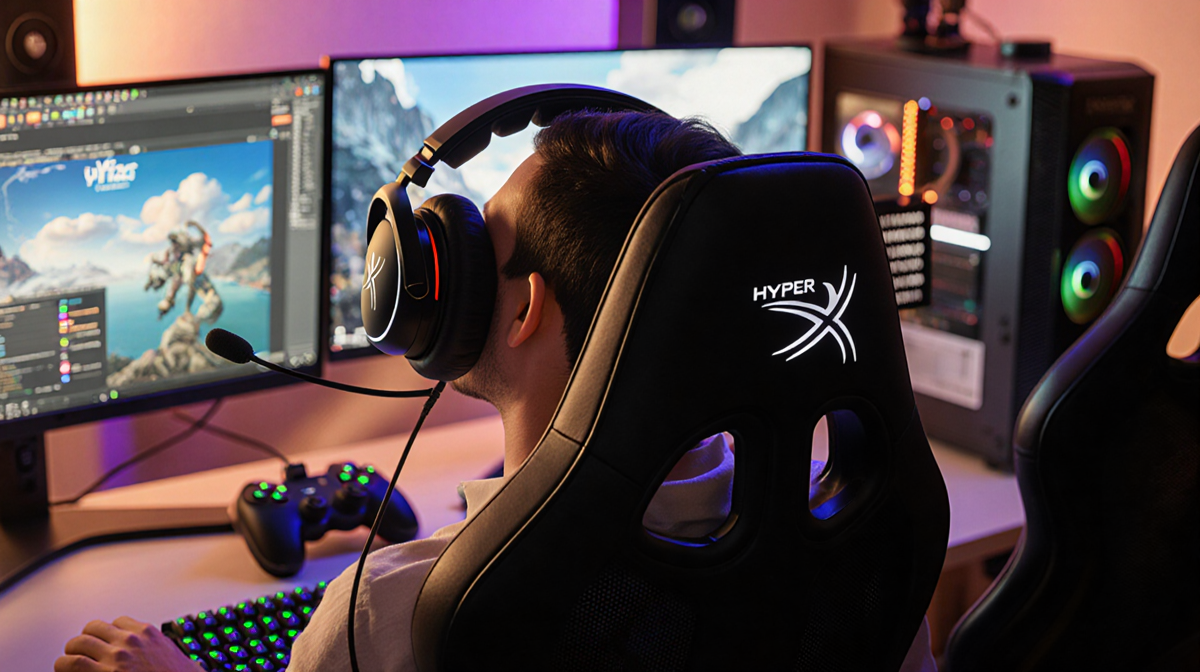 Person sitting and gaming with HyperX Cloud Flight headset and multi-monitor setup under warm lighting
