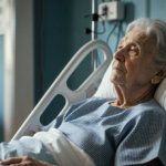 Concerned nurse reviewing nursing home patient photos with a screen showing potential abuse scenes.