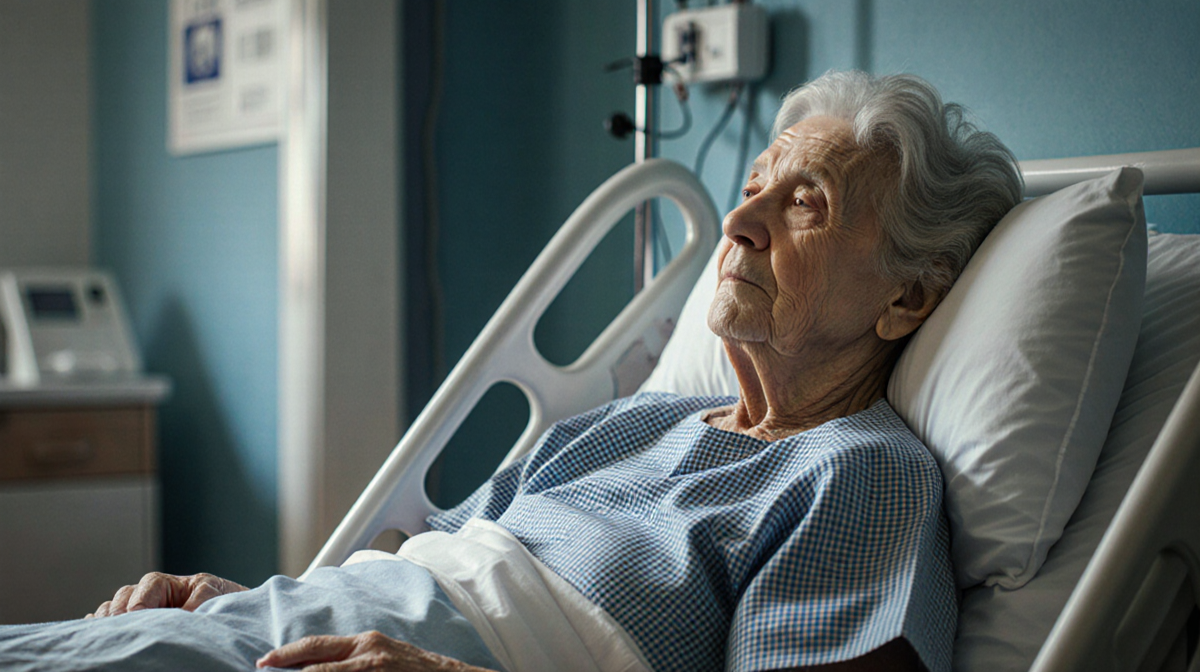Concerned nurse reviewing nursing home patient photos with a screen showing potential abuse scenes.