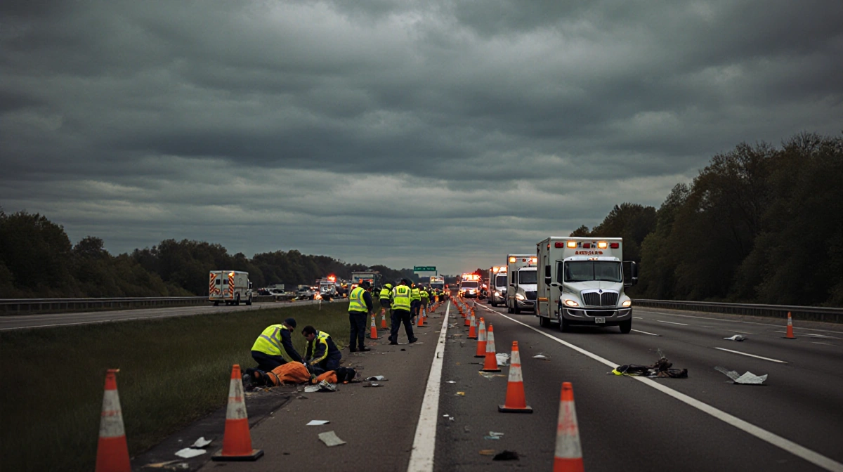 Emergency responders treating crash victims on I-196 highway with ambulances and hazmat teams at accident scene