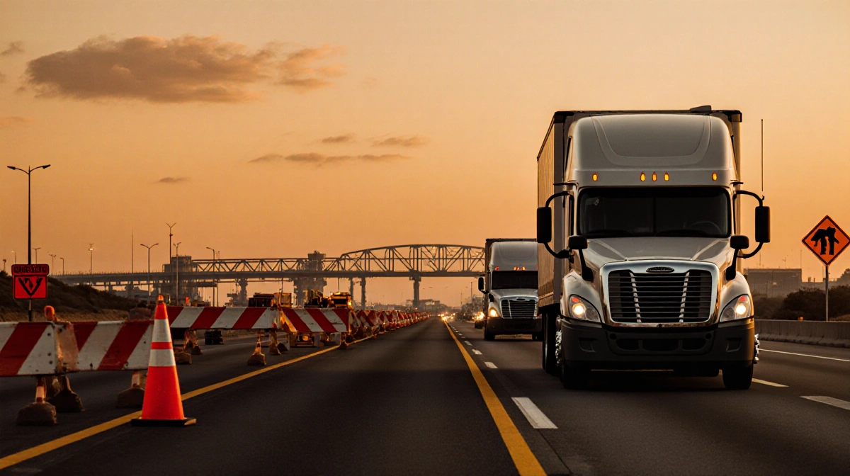 Truck driving slowly with frustrated driver near orange cone blocking lane under warm sunset sky