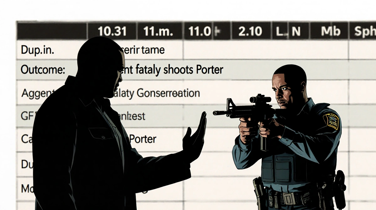 Man points rifle at off-duty ICE agent with defensive hand raised and blurred investigation timeline behind